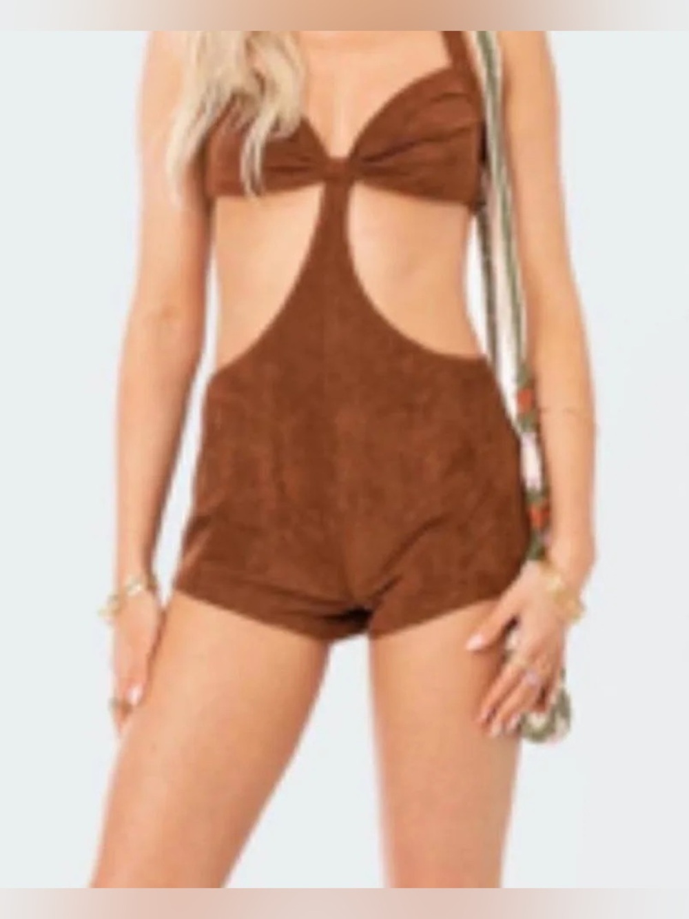 ✨VINTAGE✨ Edikted Elisa Faux Suede Twist Halter Open Back Slit Romper
